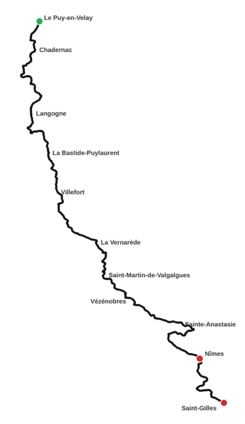 Parcours du Chemin de Régordane GR700 du Puy à Saint-Gilles